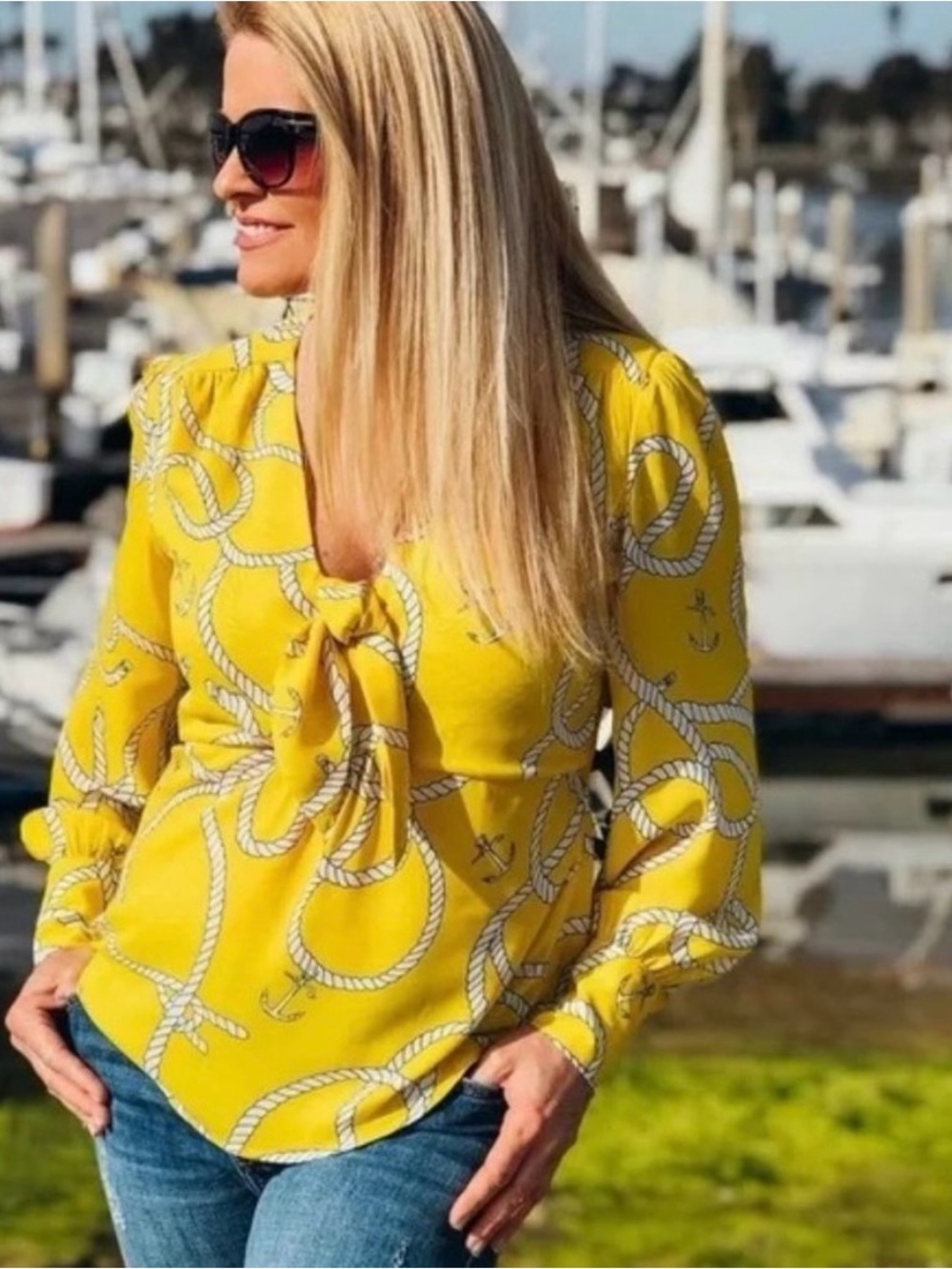 CAbi Yellow Rope-Print Tie-Front Blouse